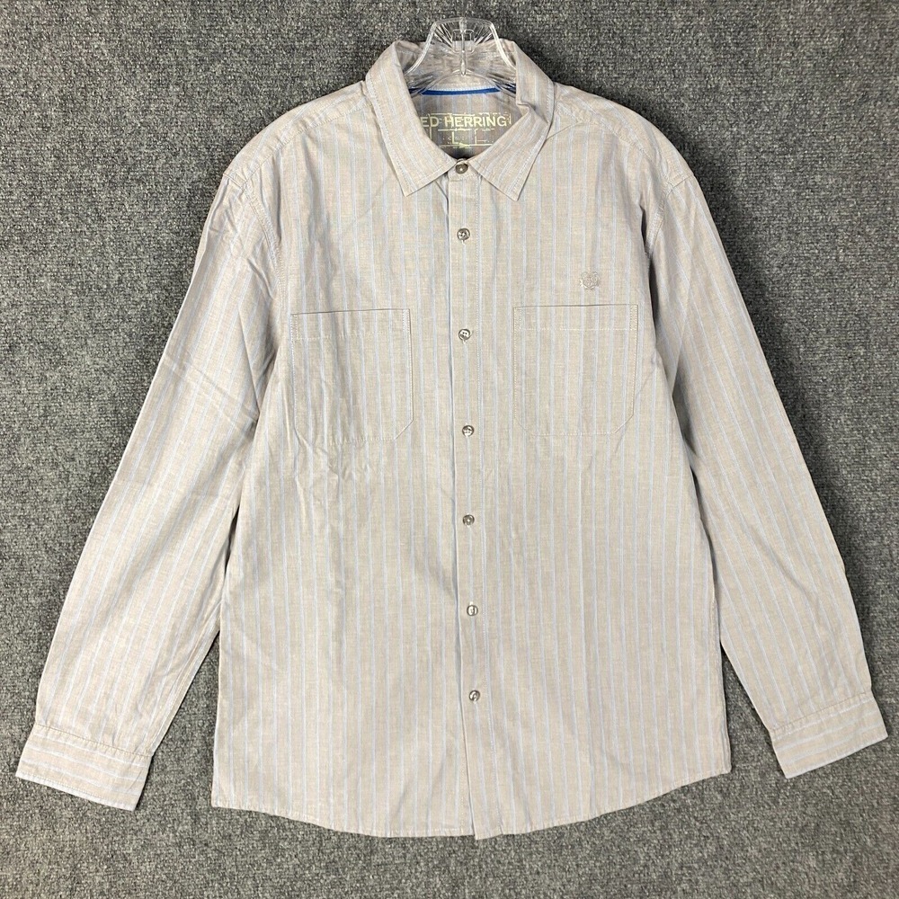 Red Herring Dress Shirt Men's Large Long Sleeve Gray Striped 100% Cotton Adults‎